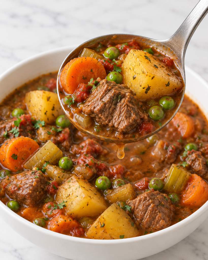 A stainless steel ladle lifts tender beef and vegetables in thick gravy from a white ceramic bowl of stew on bright white marble.