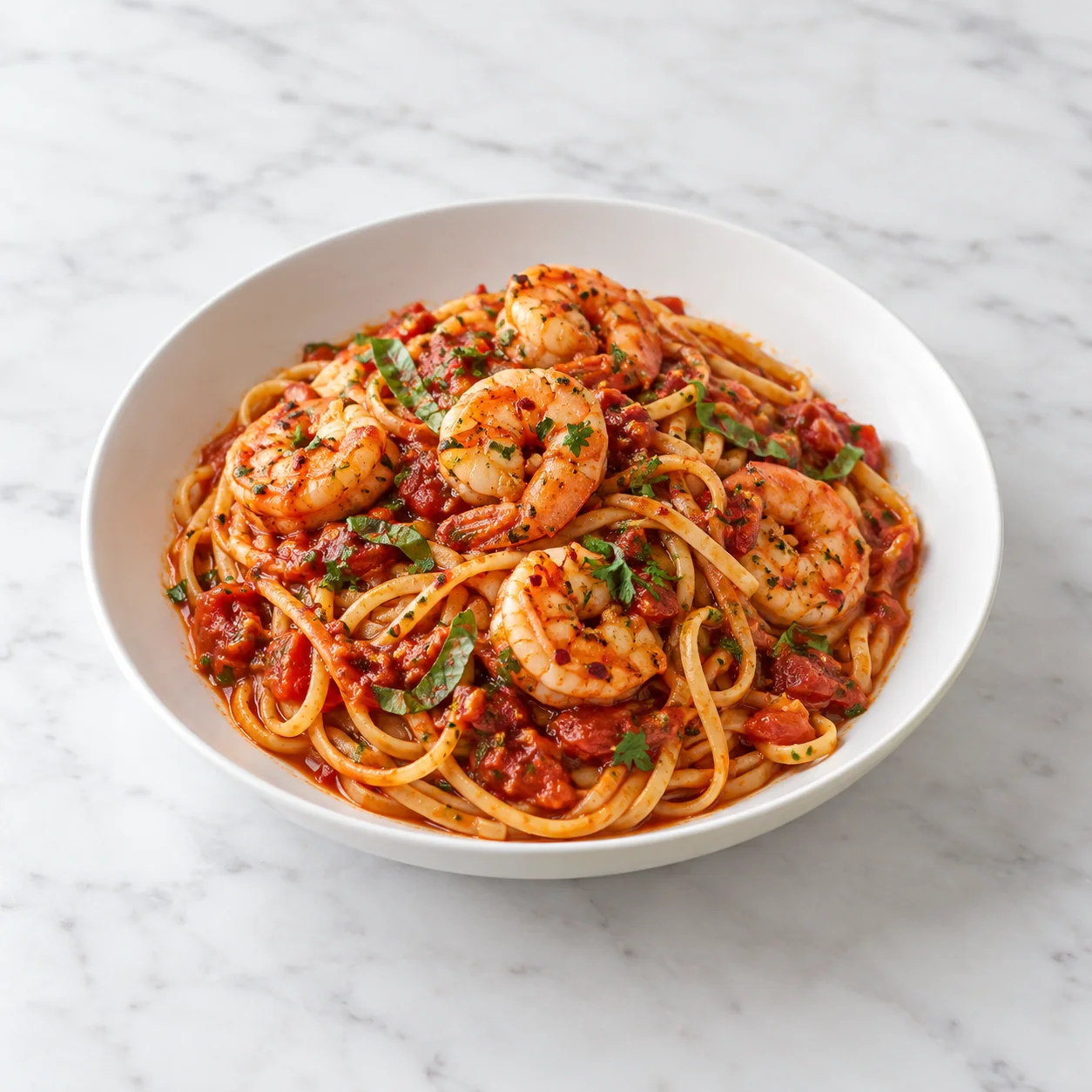 Shrimp fra diavolo linguine with fire roasted tomato sauce and herbs in a white ceramic bowl on white marble.