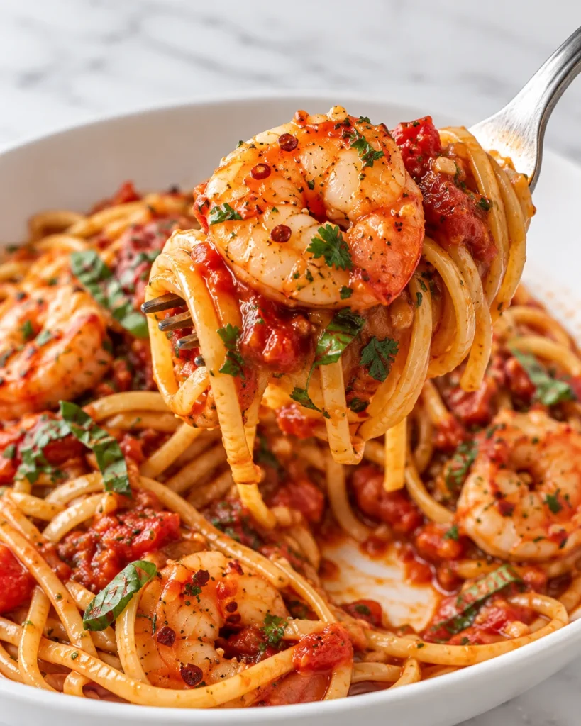 A fork lifts saucy linguine and shrimp from a white ceramic bowl, showing the spicy tomato sauce and disturbed pasta beneath.